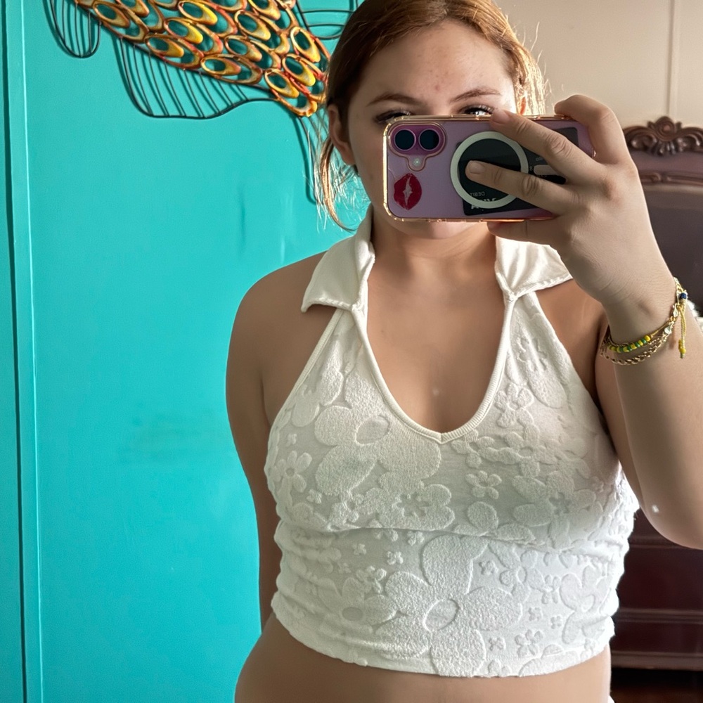 Forever 21 White Textured Crop Top